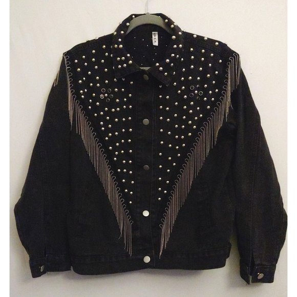 Denim Jacket Fully Studded Chain Fringe Mrs Easterling Black pockets Button down - Picture 1 of 16